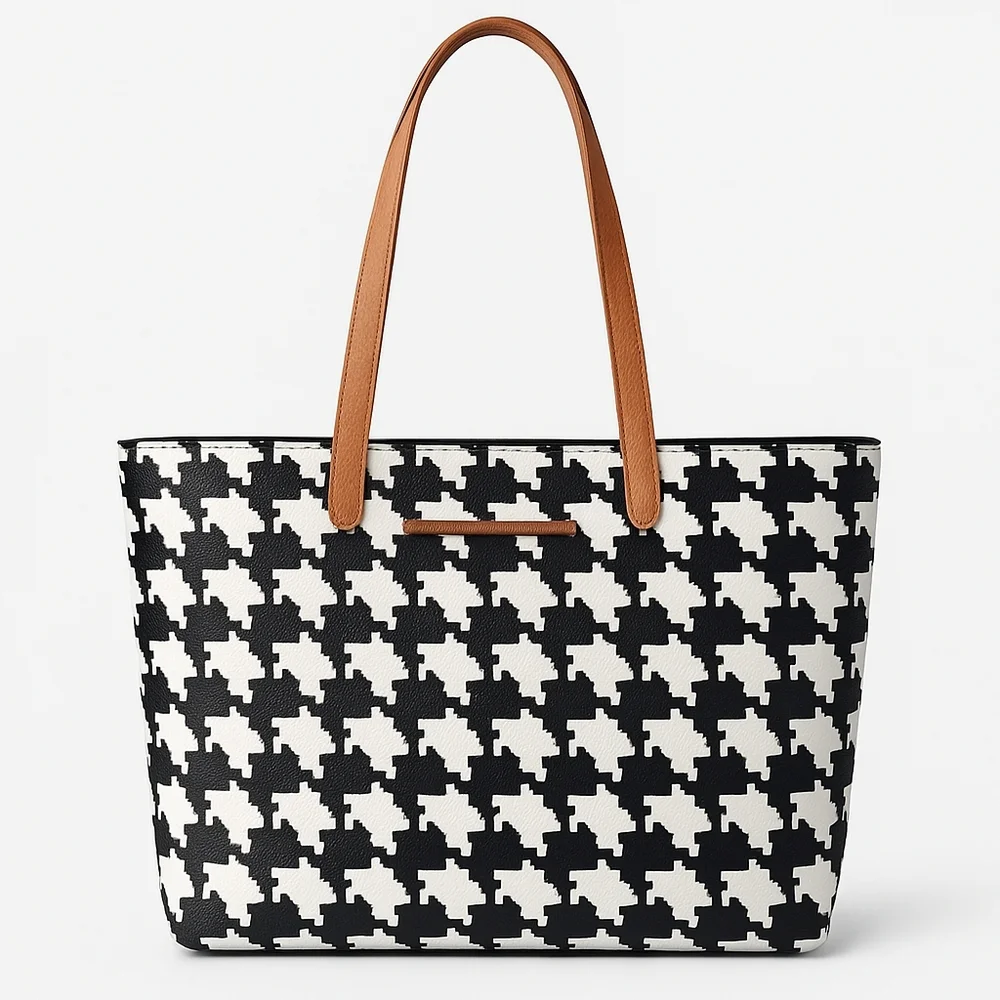 Thirty-One Modern Tote Bag – Classic Houndstooth Pebble, Black/White, Vegan